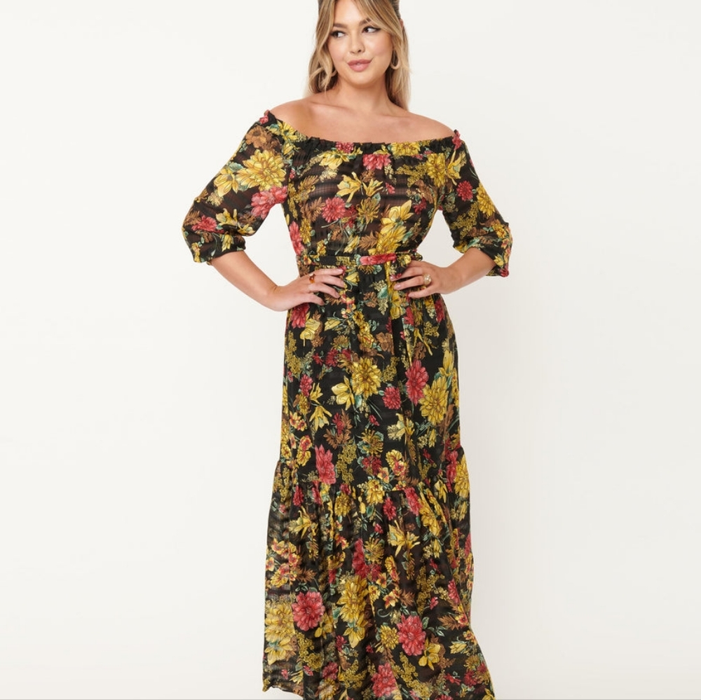 Unique Vintage Black & Yellow Floral Print Sweet Escape Maxi Dress 14 / XL